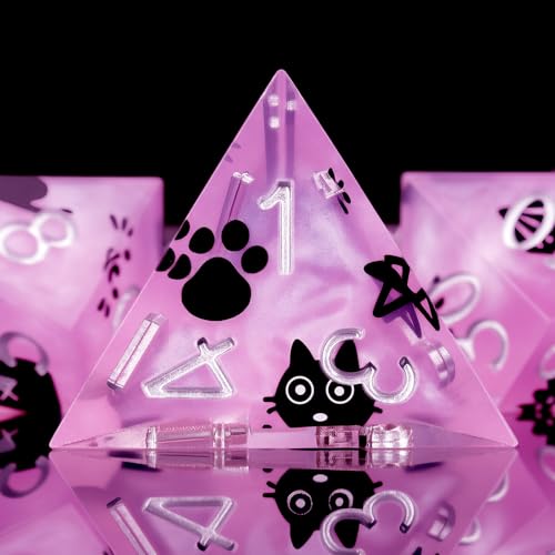 Haxtec Cat DND Dice Set Purple Sharp Edge Resin Dice Set with Dice Case, Handmade D and D Dice Polyhedral D&D Dice Set for TTRPGs Compatible with Dungeons and Dragons DND Gifts - color: Purple Black