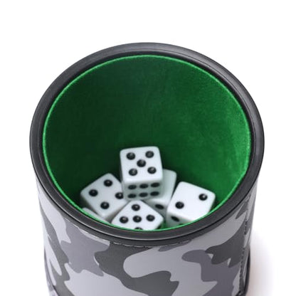 PU Leather Dice Cup Set, Felt Lined Camouflage Dice Shaker with 6 Dice for Liars Farkle Yahtzee Game - color: Camo Grey