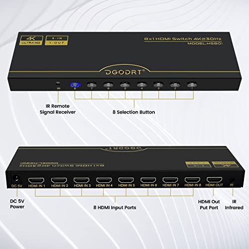 DGODRT 8×1 HDMI Switch 8 in 1 Out, 8 Port 4K HDMI Switcher Selector Box with IR Remote Control, Support 4K@30Hz Ultra HDR HDCP 3D 1080P for Xbox PS4 PC Laptop - size: 4K@30Hz/8 in 1 Out