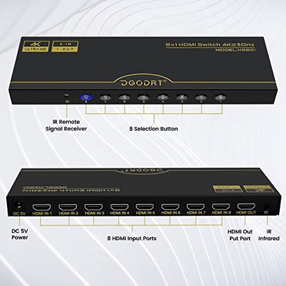 DGODRT 8×1 HDMI Switch 8 in 1 Out, 8 Port 4K HDMI Switcher Selector Box with IR Remote Control, Support 4K@30Hz Ultra HDR HDCP 3D 1080P for Xbox PS4 PC Laptop - size: 4K@30Hz/8 in 1 Out