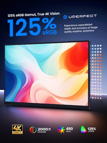 UPERFECT 4K Portable Monitor Touchscreen, 15.6” 125% sRGB Laptop Monitor, 3840 * 2160 UHD, 450 Nits Ultra-Slim Monitor, USB-C & MINI HDM, VESA & Stand, Travel Screen for Computer, PC, Game Consoles - size: 15.6"