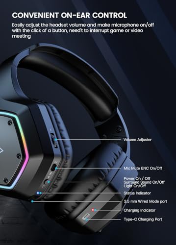 EKSA Wireless Gaming Headset, 2.4GHz USB Gaming Headphones with Microphone for PC, PS5, PS4, Nintendo Switch, 7.1 Surround Sound PC Headset, RGB Light, Ergonomic Design, 3.5mm Wired for Xbox Serie - color: 2.4G wireless + 3.5mm jack black