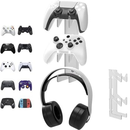 Controller Holder Wall Mount, Dual Game pad Controller & Headphone Hanger, for Switch/PS/PS5/Xbox360/Xbox One/S/X/Elite/Series S/X Wall-Mounted Transparent Bracket for Controllers, Screws Installation