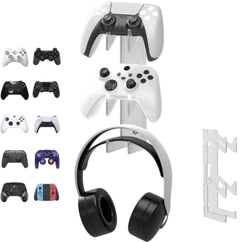Controller Holder Wall Mount, Dual Game pad Controller & Headphone Hanger, for Switch/PS/PS5/Xbox360/Xbox One/S/X/Elite/Series S/X Wall-Mounted Transparent Bracket for Controllers, Screws Installation