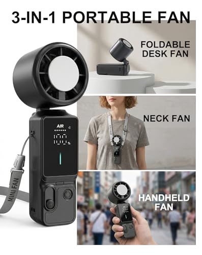 Portable Handheld Fan, 100-Speed Turbo Rechargeable Mini Fan | 3-in-1 Wearable Foldable Fan with Ice Compress Cooling. Ideal for Travel, Outdoor, Office. Compact & Long Battery Life. - color: Black