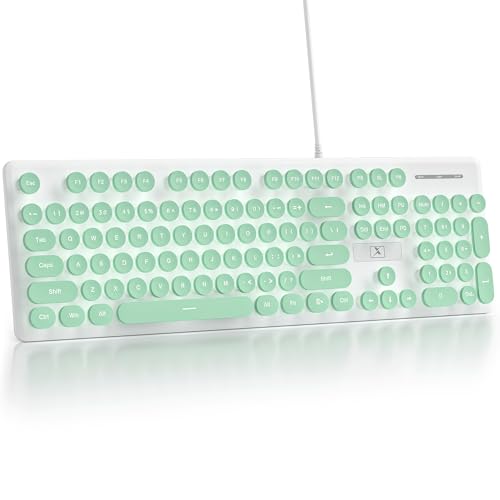 Fogruaden Wired Computer Keyboard, Quiet Full Size Membrane Keyboard, Retro Typewriter Style Round Key, Light Up, Green Cute Keyboards, White LED Backlit, Slim, Silent for Windows PC, Laptop - color: Green