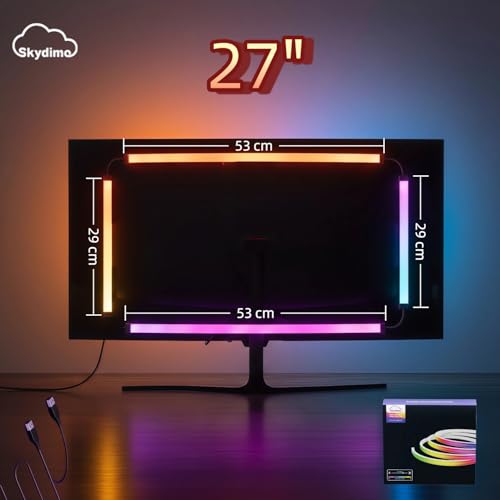 RGB Monitor Backlight with Screen Sync, Dual USB Powered Ambient Lighting Kit for 27 Inch Gaming Monitors, Music Mode, Immersive Dynamic LED Strip Lights for PC Setup (4 Sides - 27 inch) - size: 4 Sides - 27 inch