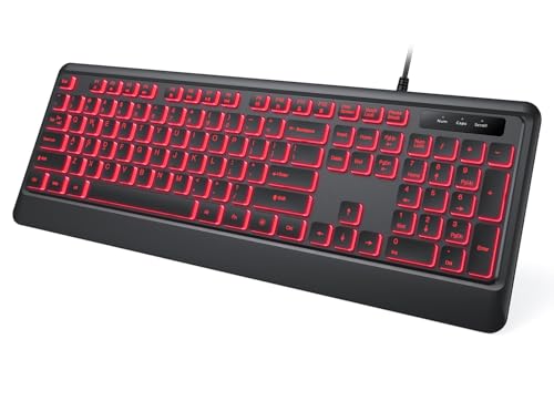 KOPJIPPOM Backlit Wired Keyboard, USB Lighted Computer Keyboards with 7 Colors Backlight, Full Size Silent Keyboard with Media Hotkey for Windows Desktop, PC, Laptop (Black, M)