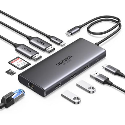 UGREEN USB C Docking Station Dual Monitor, 10-in-1 Laptop Dock with 2 HDMI | 2x HDMI, Single 8K, 100W PD, 1Gbps Ethernet, 4x 5Gbps USB-A/C Data, SD/TF, Revodok Pro Aluminum USB-C Dock for Dell/HP/Lenovo