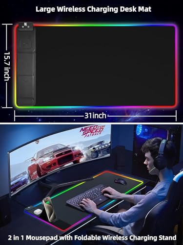 XXL Mouse Pad with Phone Holder - Black, RGB Desk Mat with 15W Fast Charging, LED Gaming Mousepad with 11 Light Colors, Waterproof Non-Slip Pad for Office & Home (Black with PD Adapter) - color: Black with PD Adapter