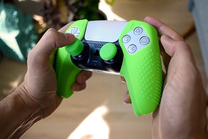 SensePro PS5 Controller Skin Grip, Anti-Slip Studded, Green | Dock Compatible, Soft Gel Silicone Cover for Playstation 5 Dualsense, Rubber Protector, Raised Thumb Grip Caps - color: Green
