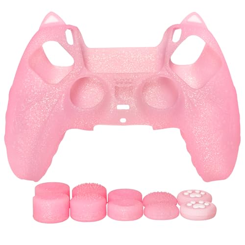 Pink Cat Glitter Anti-Slip Protective Silicone Cover Skin Grips Compatible with PS5/Slim/Pro Controller,8 PCS Glitter Thumb Grips Caps and 2 Paw Grips Caps. (Cat Pink) - color: Cat Pink