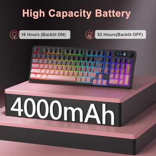 BlueFinger Wireless Gaming Keyboard, RGB Backlit, Tri-Mode Bluetooth/2.4G/USB-C, 98 Keys Quiet Keyboard with Number Pad, Volume Knob & Screen, Side Printed PBT Keycaps for PC/Mac/Laptop - style: Wireless Keyboard
