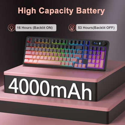 BlueFinger Wireless Gaming Keyboard, RGB Backlit, Tri-Mode Bluetooth/2.4G/USB-C, 98 Keys Quiet Keyboard with Number Pad, Volume Knob & Screen, Side Printed PBT Keycaps for PC/Mac/Laptop - style: Wireless Keyboard