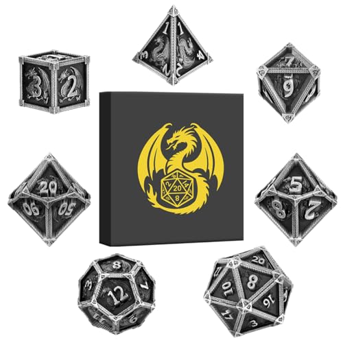 Metal Dice Set, Fly Dragon Pattern, 7pcs Polyhedral Metal DND Dice Set, DND Starter Set, D&D Gifts with Gift Box, Role Playing Board Games Accessories, Silver ﻿ ﻿ - color: Silver