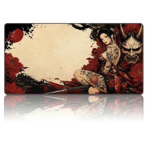 Hannya Mask Woman MTG Playmat, Card Game Play Mat with Stitched Edges, Smooth Surface Board Game Trading Card Mat, Non-Slip Rubber Base Large Gaming Mouse Pad 24 x 14 Inch - color: Hannya Mask Woman