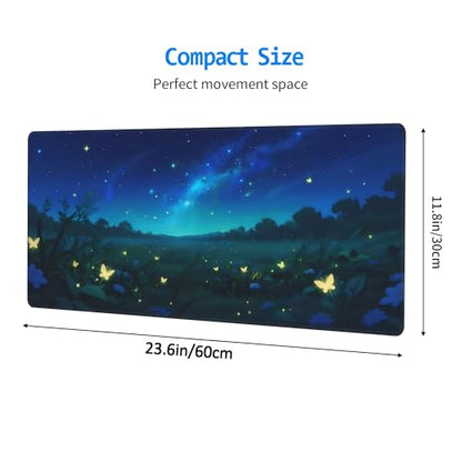 XXL Gaming Mouse Pad 23.6x11.8 inch,Dazzling Starry Sky Landscape Theme Desk Mat,Glowing Butterfly Flower Scene Large Mousepad,Fantasy Artistic Keyboard Mouse Mat (Deep Indigo Starry Sky) - color: Deep Indigo Starry Sky