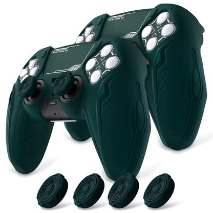 PlayVital 2 Pack Silicone Skin Set for PS5 Controller - Charging Dock Compatible, Full Protection Case with Futuristic CyberMech Design, Soft Cover with Thumb Grips & Stickers - Racing Green - color: 2 Green