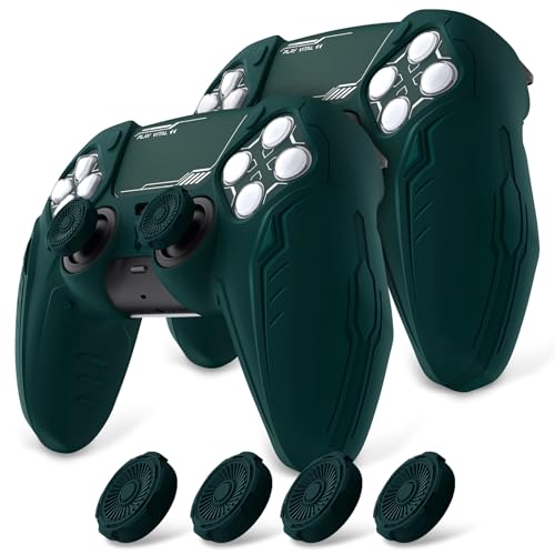PlayVital 2 Pack Silicone Skin Set for PS5 Controller - Charging Dock Compatible, Full Protection Case with Futuristic CyberMech Design, Soft Cover with Thumb Grips & Stickers - Racing Green - color: 2 Green