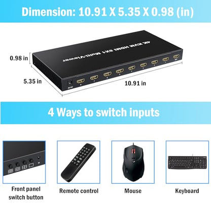 HDMI MultiViewer 8x1 with KVM Function, 4K@30Hz HDMI Quad MultiViewer Share 8 Computers simultaneously, Allowing Them to Share a Set of Keyboard and Mouse simultaneously, with IR Remote Control - size: 8x1 HDMI Multiviewer Switch with KVM