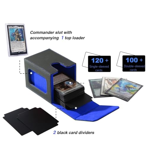 MTG Deck Box with Commander Display, Fits TCG Cards (Black&Blue) | Holds 120 Single/100 Double-Sleeved Cards, Fit MTG/PTCG/OPTCG Cards, Strong Magnet, PU Leather, With 2 Dividers & 1 Toploader - color: BLACK/BLUE
