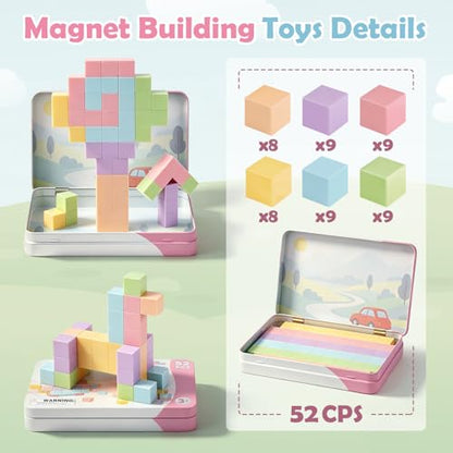 52 PCS Magnetic Blocks with Metal Box, 0.8in Mini Building Cubes Travel Set | Magnetic Building Blocks Toddler Travel Essentials Toys, STEM Educational Magnet Building Sensory Toys for Boys Girls Gifts - color: Pink