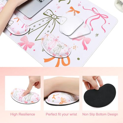 MEGREZ 4-in-1 Mouse Pad with Wrist Rest Ergonomic Memory Foam Desk Mat Set | ergonomic, anti-slip base, 4pcs set, desk pad, mouse wrist rest, keyboard rest, coaster, ideal for office & gaming - color: Bow