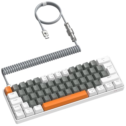 ZIYOU LANG RK-T60 Wired Mechanical Gaming Keyboard Mini Portable with Rainbow Backlit 62Key ABS Keycaps Full Anti-Ghosting Ergonomic Design Coiled Aviator Cable for PS4/PC/WIN Gamer(Gray/Red Switch - color: Light Grey, size: Keyboard + Coiled Cable