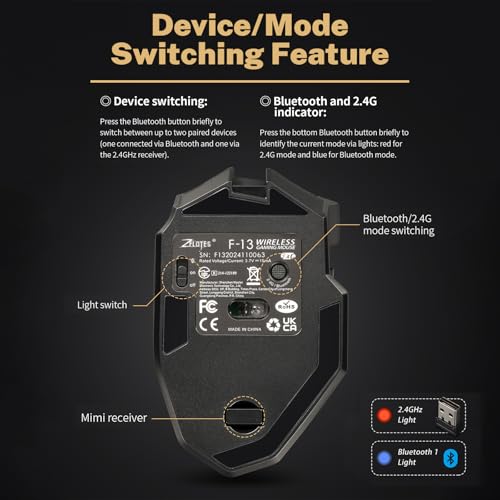 Wireless Gaming Mouse, RGB Dual Mode Bluetooth Mouse Up 24,000 DPI, 13 Macro Programmable Buttons, Optical Computer Mouse 50Hrs for PC Laptop MOBA FPS, PMW-3311, Comfort Grip (Black)
