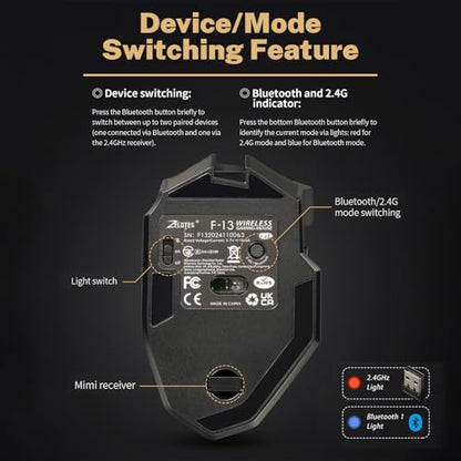 Wireless Gaming Mouse, RGB Dual Mode Bluetooth Mouse Up 24,000 DPI, 13 Macro Programmable Buttons, Optical Computer Mouse 50Hrs for PC Laptop MOBA FPS, PMW-3311, Comfort Grip (Black)