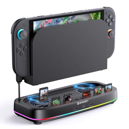 NEWDERY Cooling Fan for Nintendo Switch 2 Dock, Dual-Fan Cooling Stand | 3 Adjustable Speeds, RGB Light Modes, 6 Game Card Slots and 3 USB Ports for Cooling Control, Storage and Easy Expansion