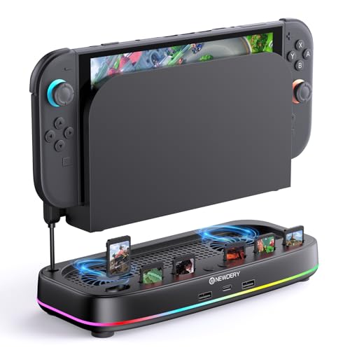 NEWDERY Cooling Fan for Nintendo Switch 2 Dock, Dual-Fan Cooling Stand | 3 Adjustable Speeds, RGB Light Modes, 6 Game Card Slots and 3 USB Ports for Cooling Control, Storage and Easy Expansion