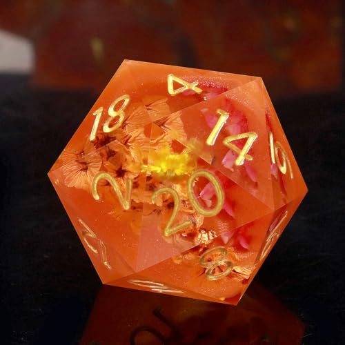 Haxtec Flower DND Dice Set, Orange Sharp Edge Resin Polyhedral Dice | Floral D&D Dice with Metal Case, Handmade Plant Inside, Dungeons and Dragons, TTRPG DND Gifts - color: Orange