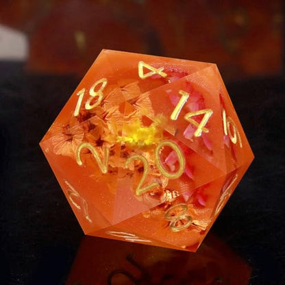 Haxtec Flower DND Dice Set, Orange Sharp Edge Resin Polyhedral Dice | Floral D&D Dice with Metal Case, Handmade Plant Inside, Dungeons and Dragons, TTRPG DND Gifts - color: Orange