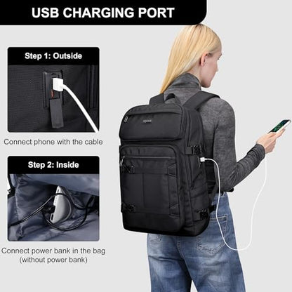 PIJUSHI Casual Travel Backpack for Women with 16" Padded Laptop Compartment | Carry On Luggage with USB Charging Port, 1680D Water-Resistant Nylon, Airline Approved, For Daily, Hiking - color: Black