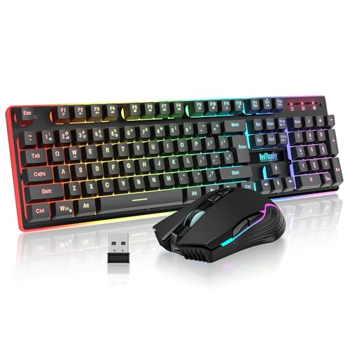 RedThunder K10 Wireless Gaming Keyboard and Mouse Combo, RGB Backlight Rechargeable 3800mAh Battery, 26-Key Anti-ghosting Keyboard + 7D 3200DPI Mice for PC Gamer - color: Black RGB