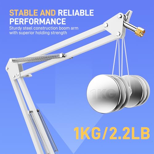 MAONO BA20 Adjustable Mic Boom Arm, Metal Suspension Desk Stand | 1kg max load, 3/8 to 5/8 adapter, suspension design, podcast gaming streaming recording, desk clamp, white finish - color: White