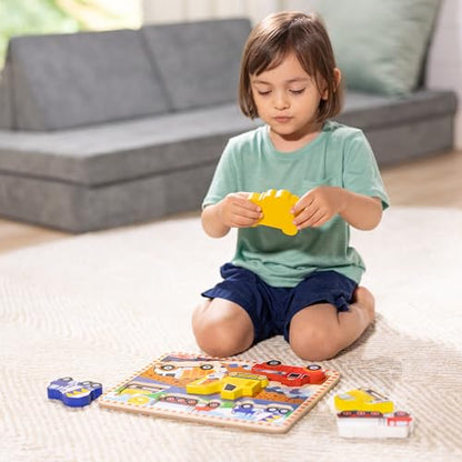 Melissa & Doug Construction Vehicles Wooden Chunky Puzzle (6 pcs) - FSC Certified - size: 11.95 x 8.95 x 1.0, style: English Only