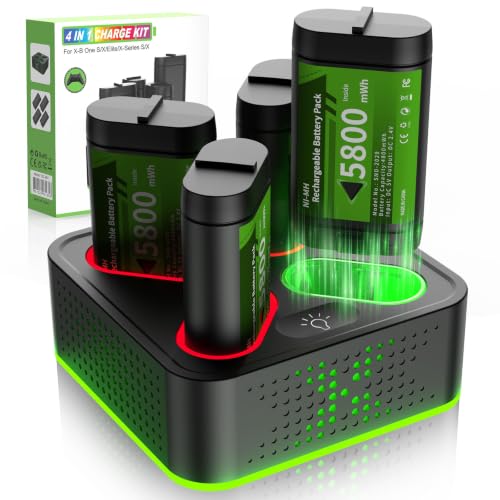 Rechargeable Battery Pack for Xbox One/Series X/S,4 x 5800mWh Rechargeable Batteries with RGB Charger Station,Fast Charging Battery Station for Xbox One S/X/X-Sereies S/X