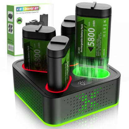 Rechargeable Battery Pack for Xbox One/Series X/S,4 x 5800mWh Rechargeable Batteries with RGB Charger Station,Fast Charging Battery Station for Xbox One S/X/X-Sereies S/X