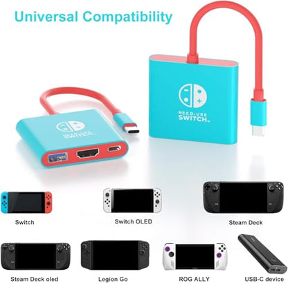 Switch Dock, Portable TV Docking Station Compatible with Steam Deck/ROG Ally/Legion GO, 3-in-1 Switch Travel Dock with HDMI 4K@60Hz, 100W Charge PD Port and USB 3.0