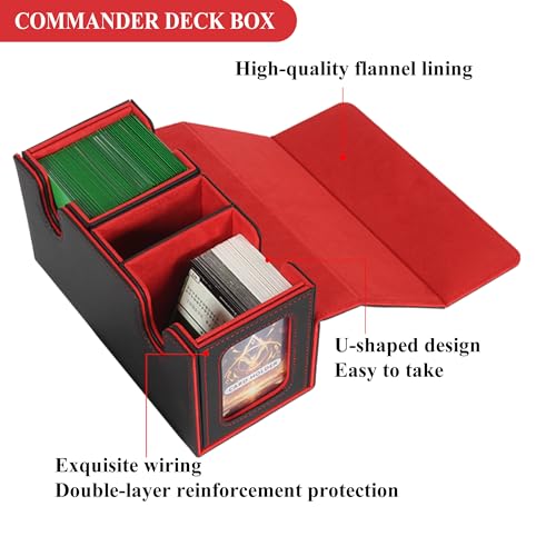 Card Deck Box for Trading Cards with Dice Storage, Double window separation Box Holds 200+ Single Sleeved Cards, PU Leather Magnetic Closure Storage Case for Magic Commander TCG CCG (Black&Red)