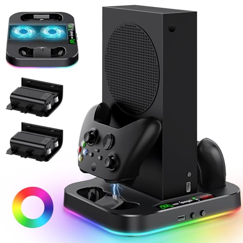 Cooling Stand for Xbox Series S with RGB Light, MENEEA Fast Charger Station with 2x1400mAH Batteries,Cooler Accessories with 3-Speed Adjustable Fan, Dual Charger Dock, 15 Light Modes, 2.0 USB Port - color: Black