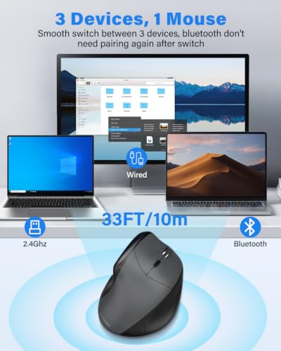 E-YOOSO X45 Rechargeable Vertical Ergonomic Wireless/Bluetooth/Wired Mouse,for Medium/Big/Large Hand,Quiet Clicks,4800 DPI,Cordless/USB C Cord,Witeless Mice for Laptop/Computer/MacBook/Chromebook/PC