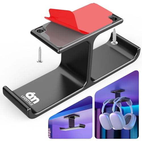 All Aluminum Headphone Stand Under Desk, Dual Headset Holder Hanger with Industrial-Strength Adhesive & Screw Mount, Gaming Desk Accessories, Under Table Earphone Hook for PC Headsets, Bags, Black - color: Black