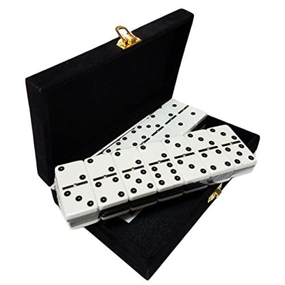 Marion Domino Double 6 Black & White Two Tone Jumbo Tournament Professional Size with Spinners in Elegant Black Velvet Case. - color: Two Tone Black-white