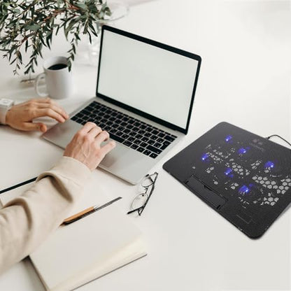 Kisangel Laptop Cooling Pad, 6 Fan Silent Cooler Stand for 15.6 in Notebook | Features blue LED lights, USB powered cooler stand with ergonomic, adjustable height, gaming, office, 14.1 x 10 inches