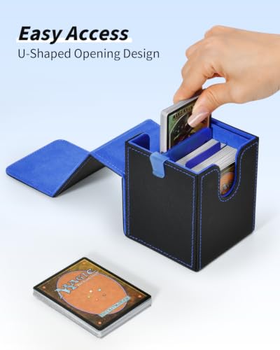 Card Deck Box with MTG Commander Display, Deck Case Holds 100+ Double-Sleeved Cards, Trading Card Storage Box Fits TCG/PTCG/Sports Card with 2 Dividers, Top Loaders (Black Blue) - color: Black Blue