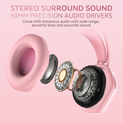 Wantek Cute Cat-Ear Gaming Headset - 50mm Drivers, Noise-Cancelling Mic, 3.5mm Wired Stylish & Lightweight Design (Pink) - color: Pink