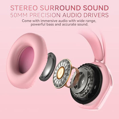 Wantek Cute Cat-Ear Gaming Headset - 50mm Drivers, Noise-Cancelling Mic, 3.5mm Wired Stylish & Lightweight Design (Pink) - color: Pink